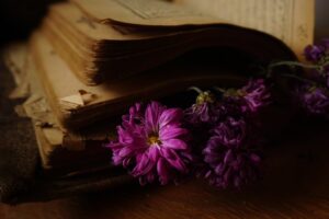 moody photo of book and flowers